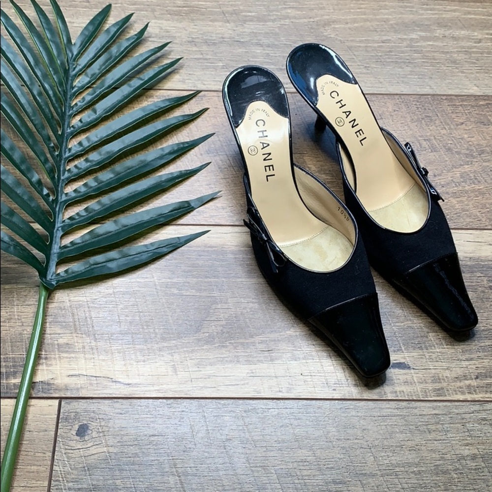 Chanel Black Bow Tie Slide Mules Kitten Heels
